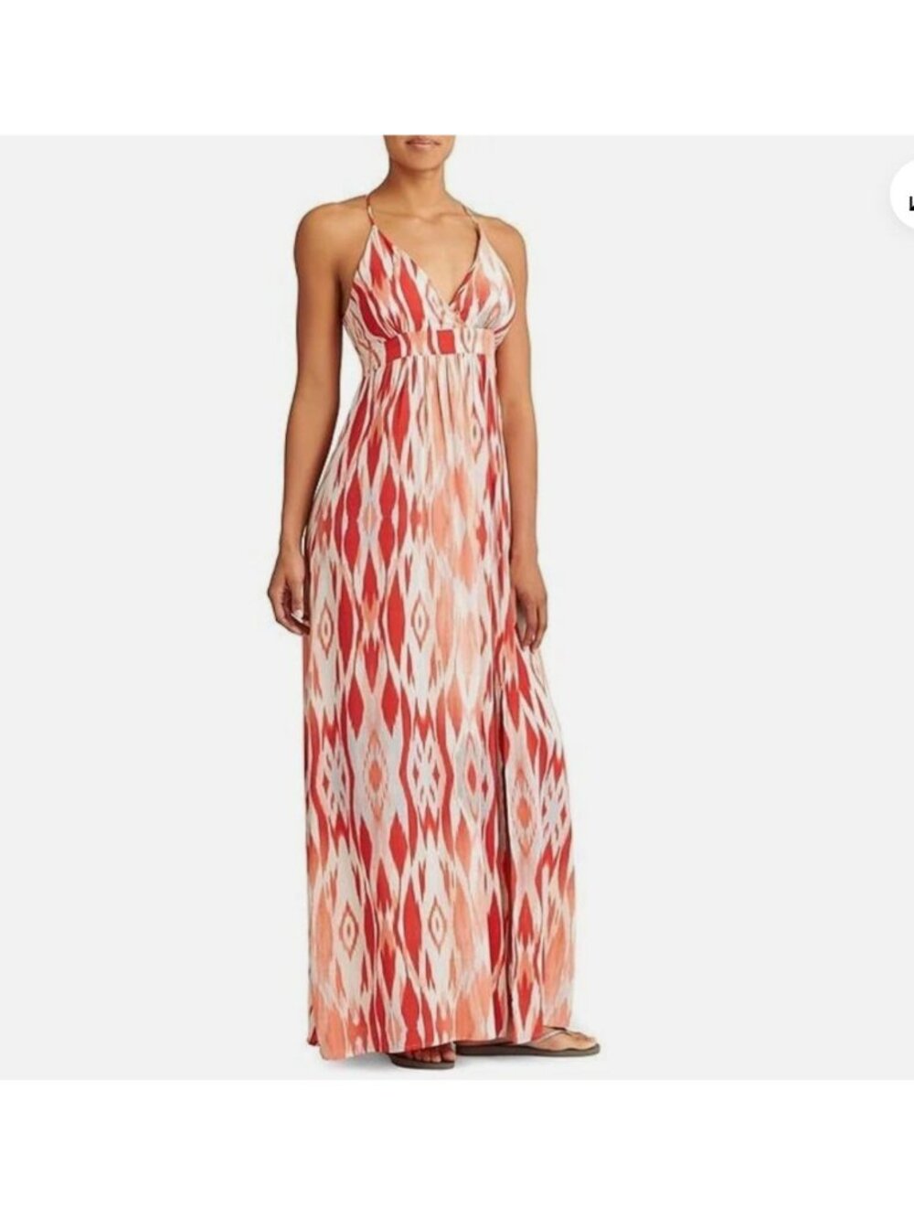 Athleta Faded Ikat Halter Maxi Dress Medium Red Orange Rayon Resort Beach Dress